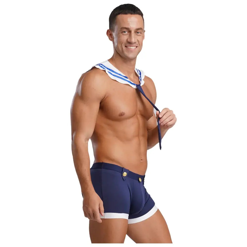 Men Navy Sailor Suit Costume Sets Collar with Necktie Bulge Pouch Boxer Shorts Fancy Dress Up Halloween Sailor Captain