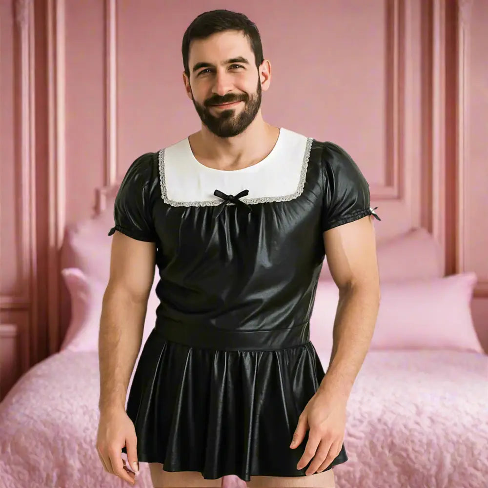 Men Sissy Glossy Latex-Style Maid Outfit - Outfit
