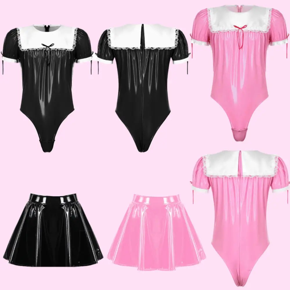 Men Sissy Glossy Latex-Style Maid Outfit - Outfit
