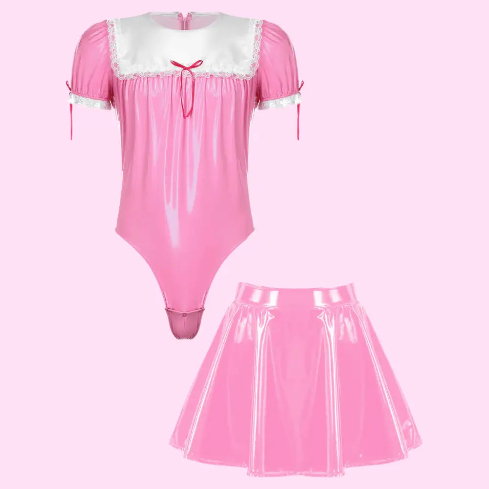 Men Sissy Glossy Latex-Style Maid Outfit - Pink / M - Outfit