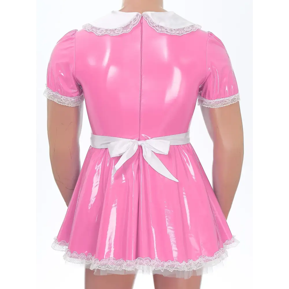 Men Sissy Servants Maid Cosplay Costume Puff Sleeve Ruffle Lace Patent Leather Dress with Apron Crossdresser Rave Party