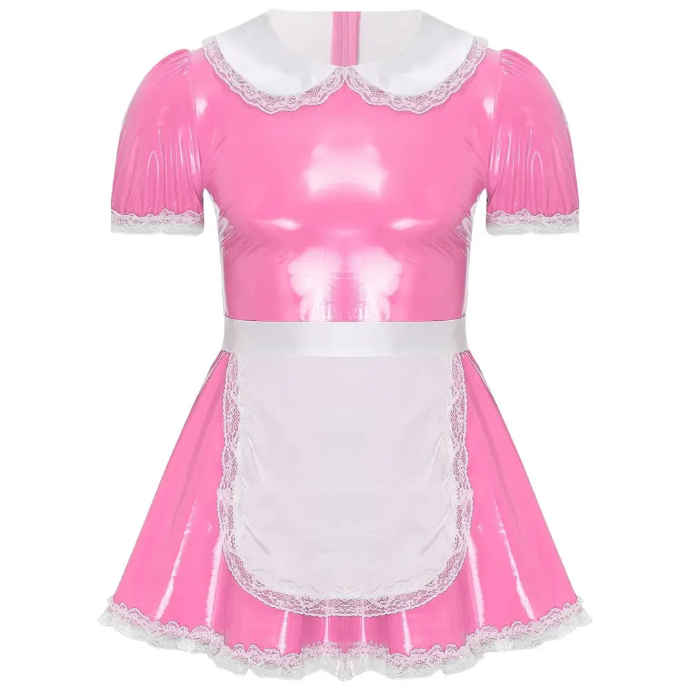Men Sissy Servants Maid Cosplay Costume Puff Sleeve Ruffle Lace Patent Leather Dress with Apron Crossdresser Rave Party