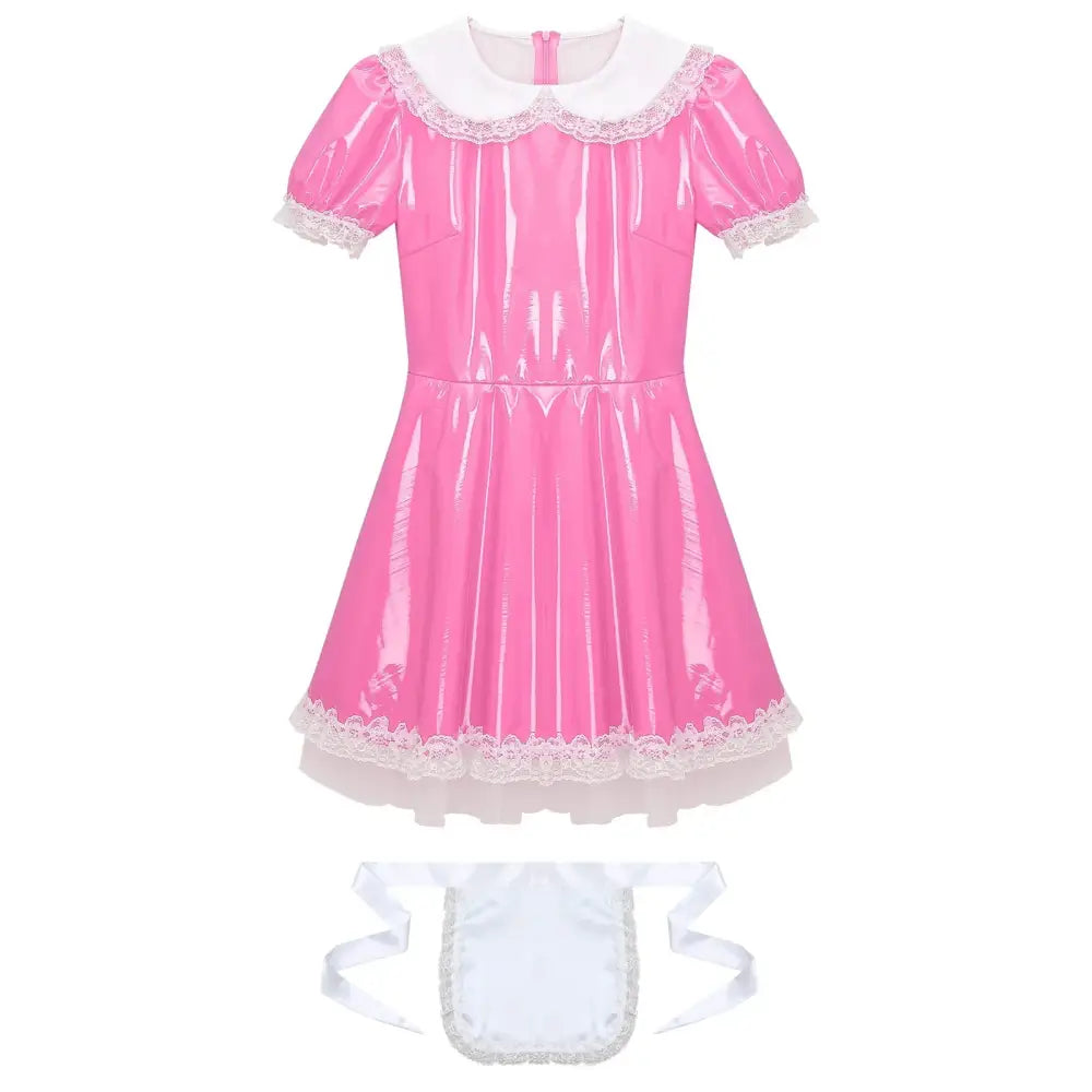 Men Sissy Servants Maid Cosplay Costume Puff Sleeve Ruffle Lace Patent Leather Dress with Apron Crossdresser Rave Party