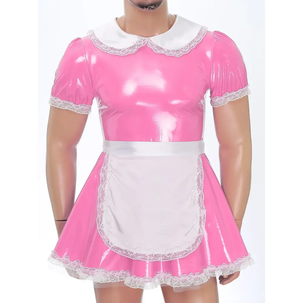 Men Sissy Servants Maid Cosplay Costume Puff Sleeve Ruffle Lace Patent Leather Dress with Apron Crossdresser Rave Party