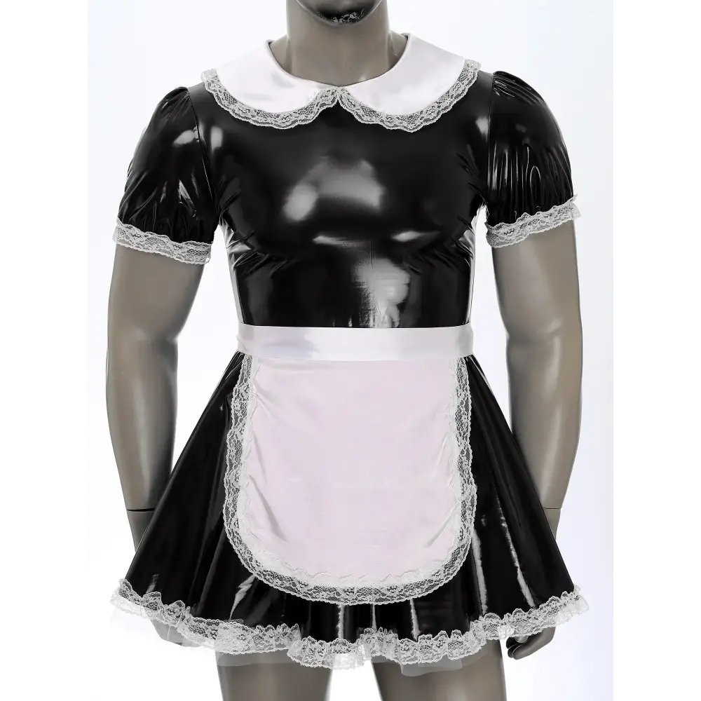 Men Sissy Servants Maid Cosplay Costume Puff Sleeve Ruffle Lace Patent Leather Dress with Apron Crossdresser Rave Party