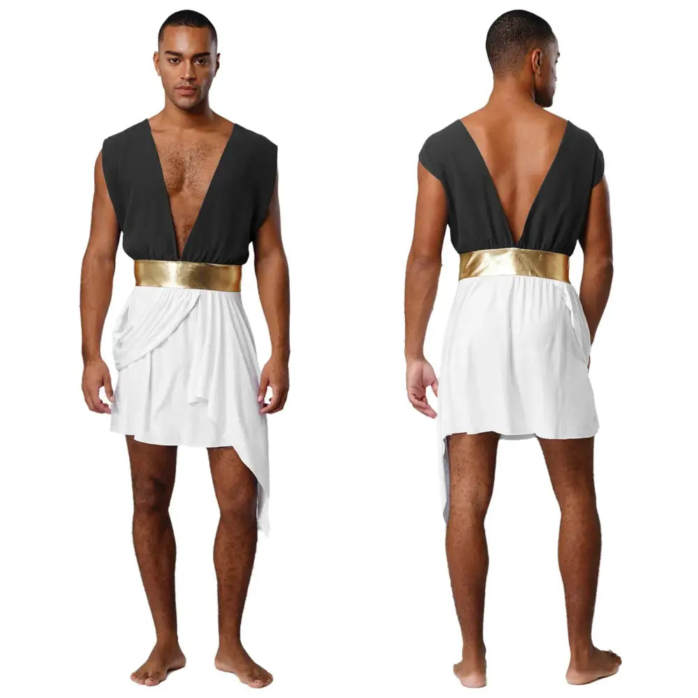 Mens Ancient Greek God Toga Gladiator Costumes Roman Emperor Sleeveless Color Block Robe Halloween Medieval Warrior