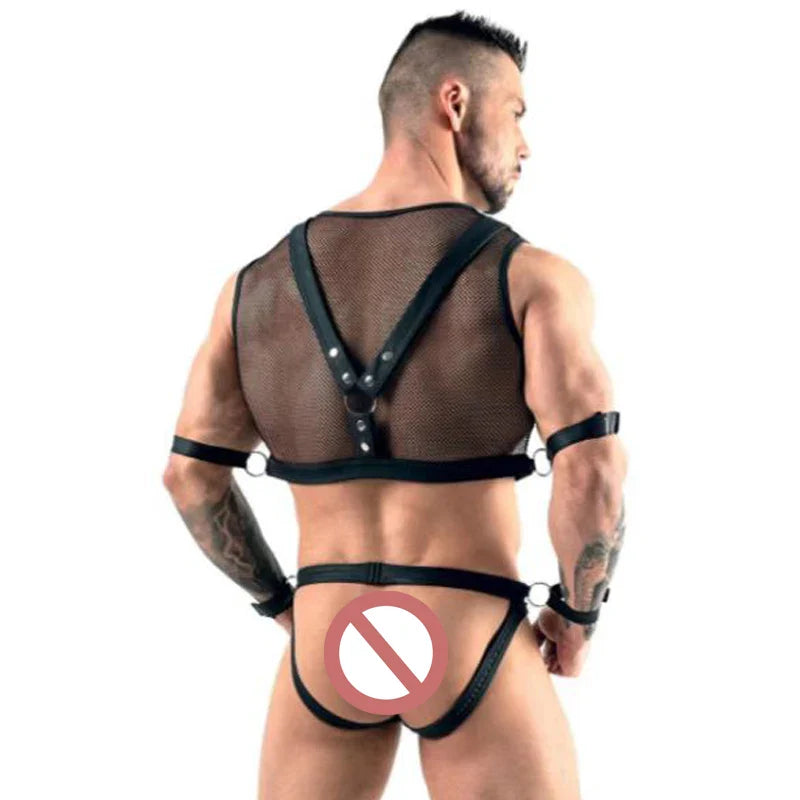Men’s Fish Net Lingerie Set PU Leather Harness Thong Handcuffs BDSM Fetish Costume Erotic Mesh Bodywear Role Play Adult