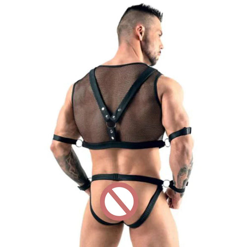 Men’s Fish Net Lingerie Set PU Leather Harness Thong Handcuffs BDSM Fetish Costume Erotic Mesh Bodywear Role Play Adult