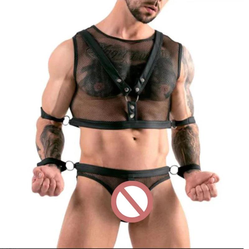 Men’s Fish Net Lingerie Set PU Leather Harness Thong Handcuffs BDSM Fetish Costume Erotic Mesh Bodywear Role Play Adult