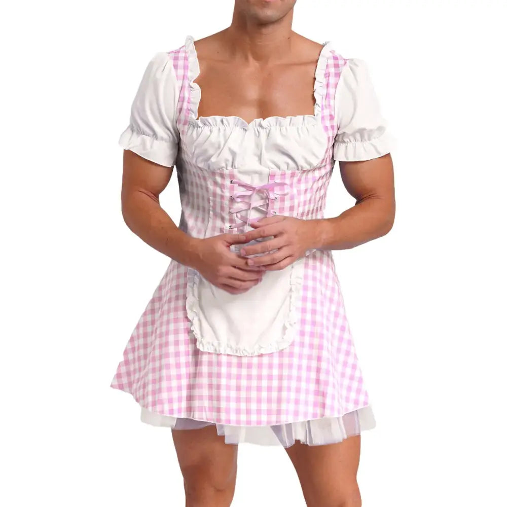 Mens Halloween Miss Muffet Maid Dress Front Lace-Up Ruffle Apron Plaid Sissy Cosplay Dress Drag Queen Crossdressing