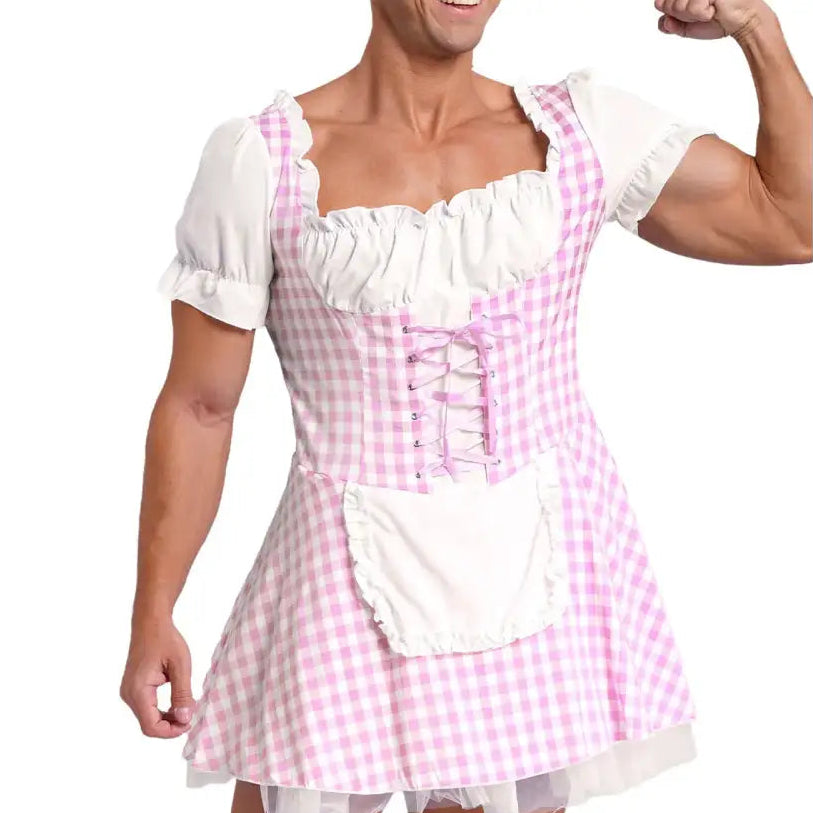 Mens Halloween Miss Muffet Maid Dress Front Lace-Up Ruffle Apron Plaid Sissy Cosplay Dress Drag Queen Crossdressing