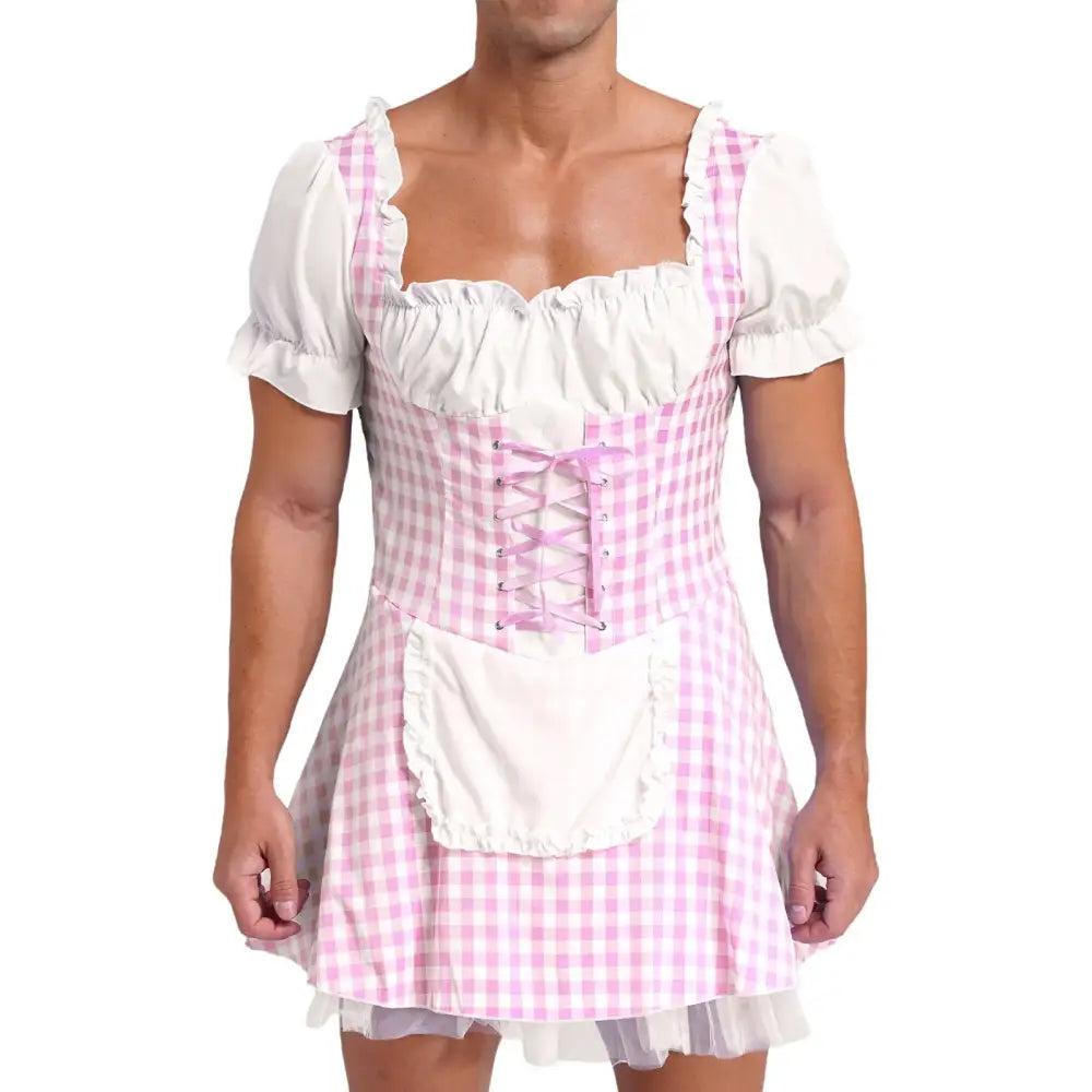 Mens Halloween Miss Muffet Maid Dress Front Lace-Up Ruffle Apron Plaid Sissy Cosplay Dress Drag Queen Crossdressing
