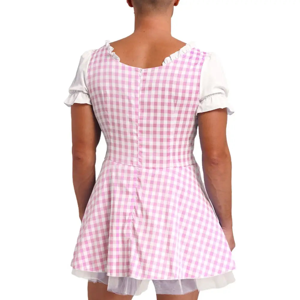 Mens Halloween Miss Muffet Maid Dress Front Lace-Up Ruffle Apron Plaid Sissy Cosplay Dress Drag Queen Crossdressing