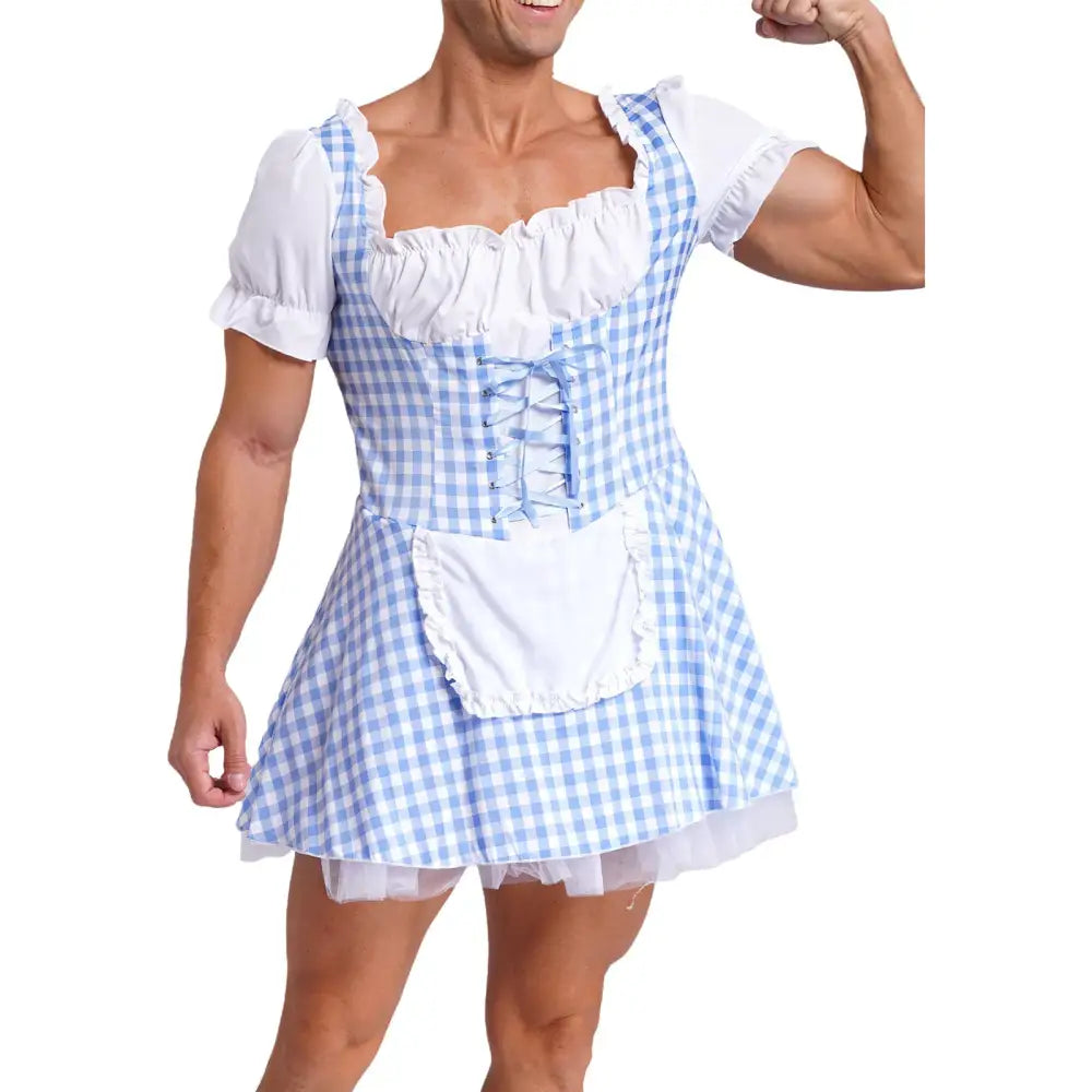 Mens Halloween Miss Muffet Maid Dress Front Lace-Up Ruffle Apron Plaid Sissy Cosplay Dress Drag Queen Crossdressing
