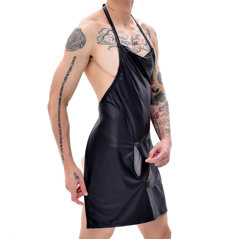 Men’s Halloween Cosplay Costume Chef Lingerie with Zipper Open Crotch Leather Apron Nightclub Stage Sexy Waiter Cosplay