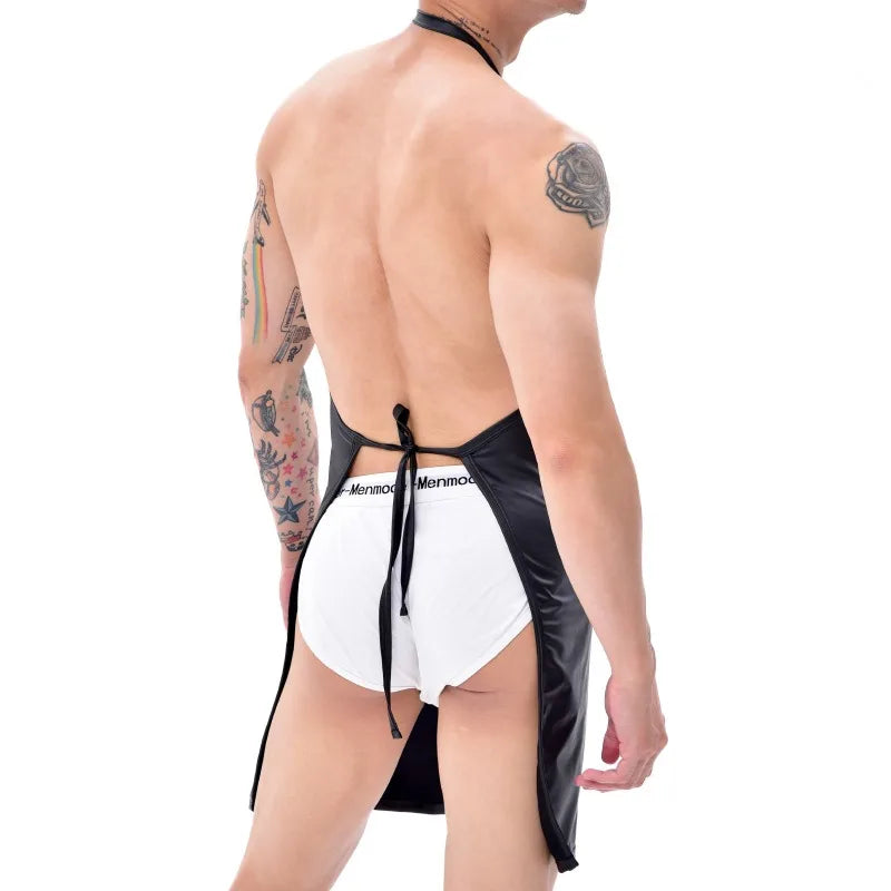 Men’s Halloween Cosplay Costume Chef Lingerie with Zipper Open Crotch Leather Apron Nightclub Stage Sexy Waiter Cosplay