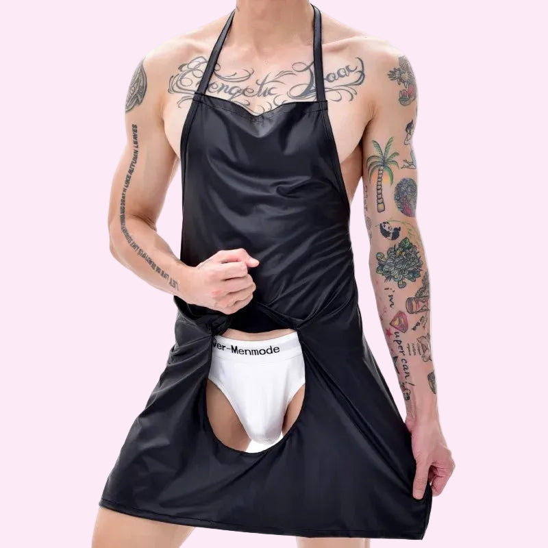 Men’s Halloween Cosplay Costume Chef Lingerie with Zipper Open Crotch Leather Apron Nightclub Stage Sexy Waiter Cosplay