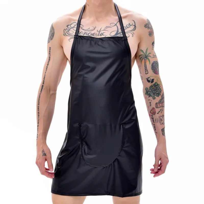 Men’s Halloween Cosplay Costume Chef Lingerie with Zipper Open Crotch Leather Apron Nightclub Stage Sexy Waiter Cosplay