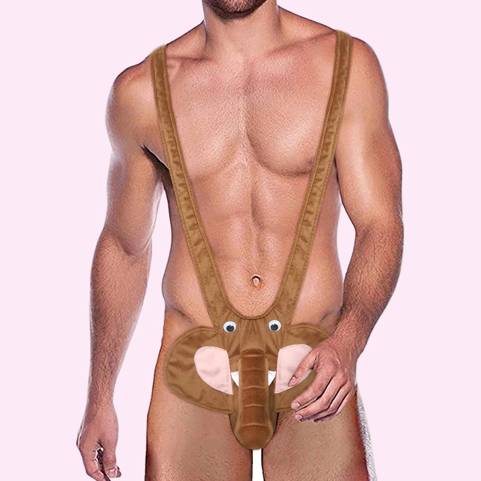 Man wearing a novelty brown animal-themed suspender outfit on a white background