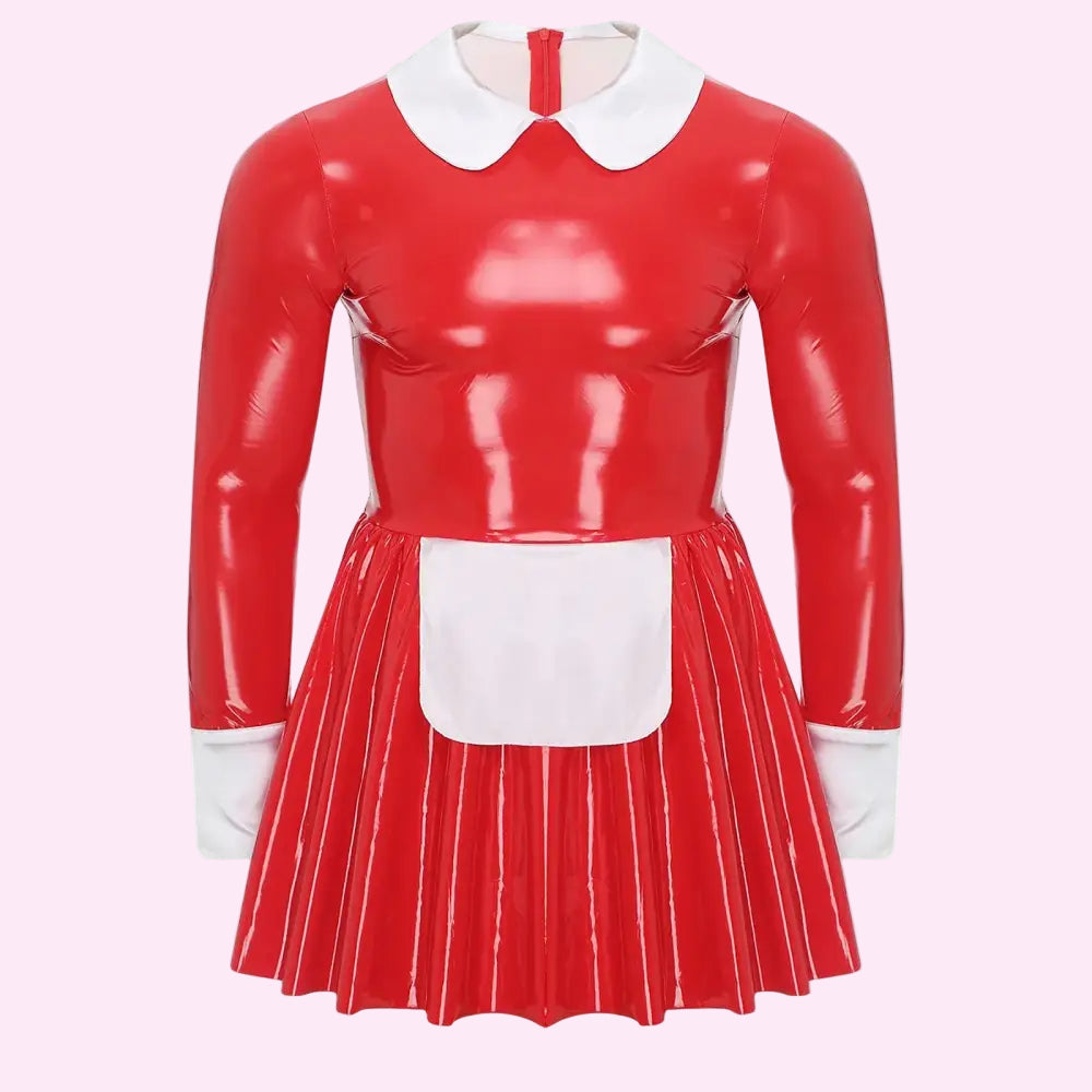Mens Sissy Maid Costume Patent Leather Dress Long Sleeve Satin Apron Underskirt A-Line Dress Halloween Crossdresser