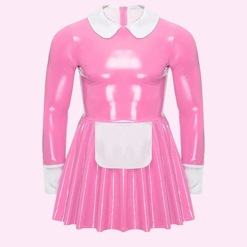 Mens Sissy Maid Costume Patent Leather Dress Long Sleeve Satin Apron Underskirt A-Line Dress Halloween Crossdresser