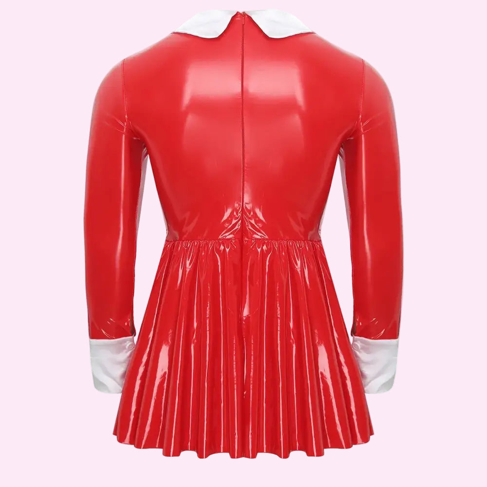 Mens Sissy Maid Costume Patent Leather Dress Long Sleeve Satin Apron Underskirt A-Line Dress Halloween Crossdresser