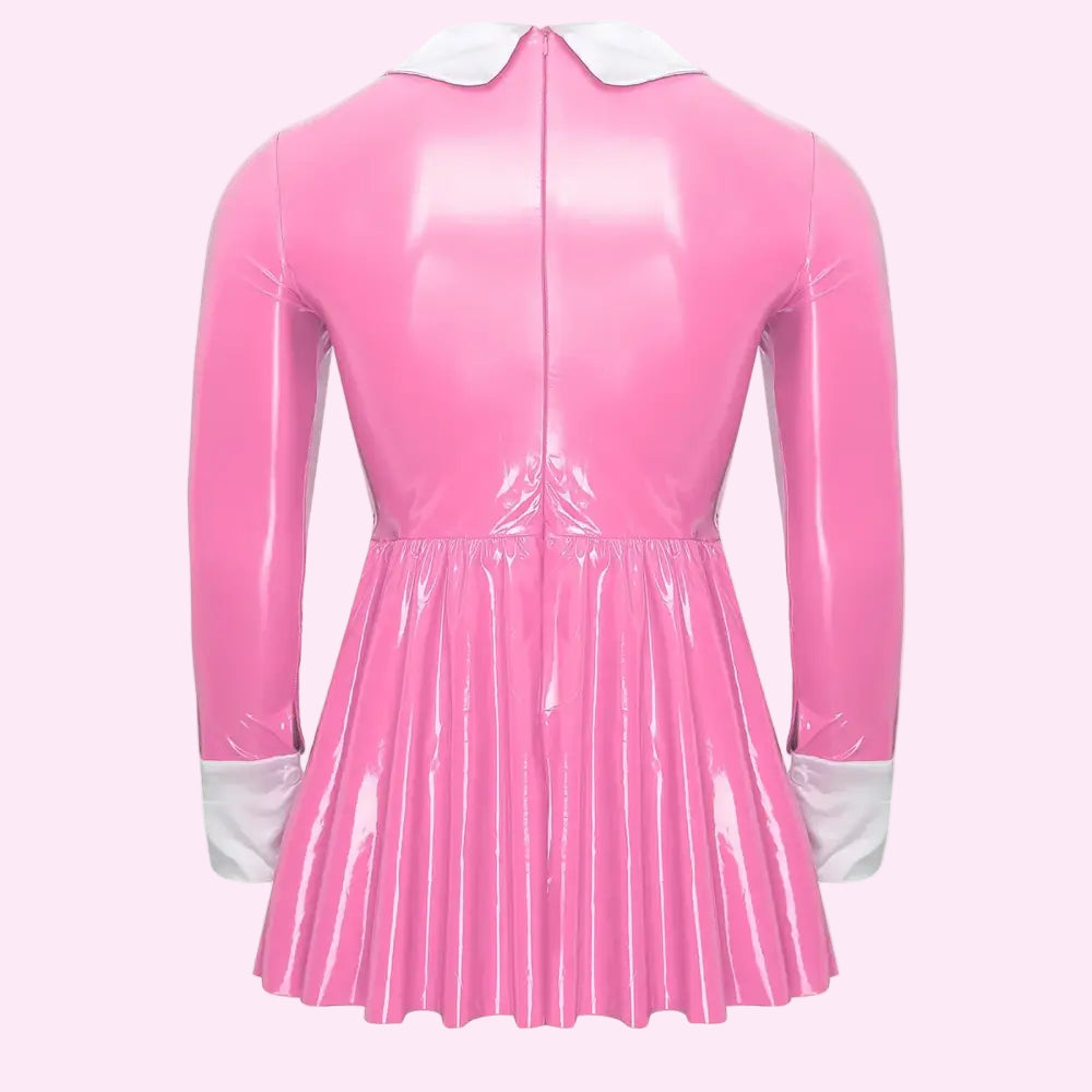 Mens Sissy Maid Costume Patent Leather Dress Long Sleeve Satin Apron Underskirt A-Line Dress Halloween Crossdresser
