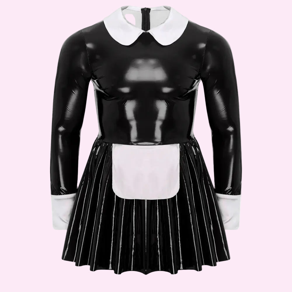 Mens Sissy Maid Costume Patent Leather Dress Long Sleeve Satin Apron Underskirt A-Line Dress Halloween Crossdresser