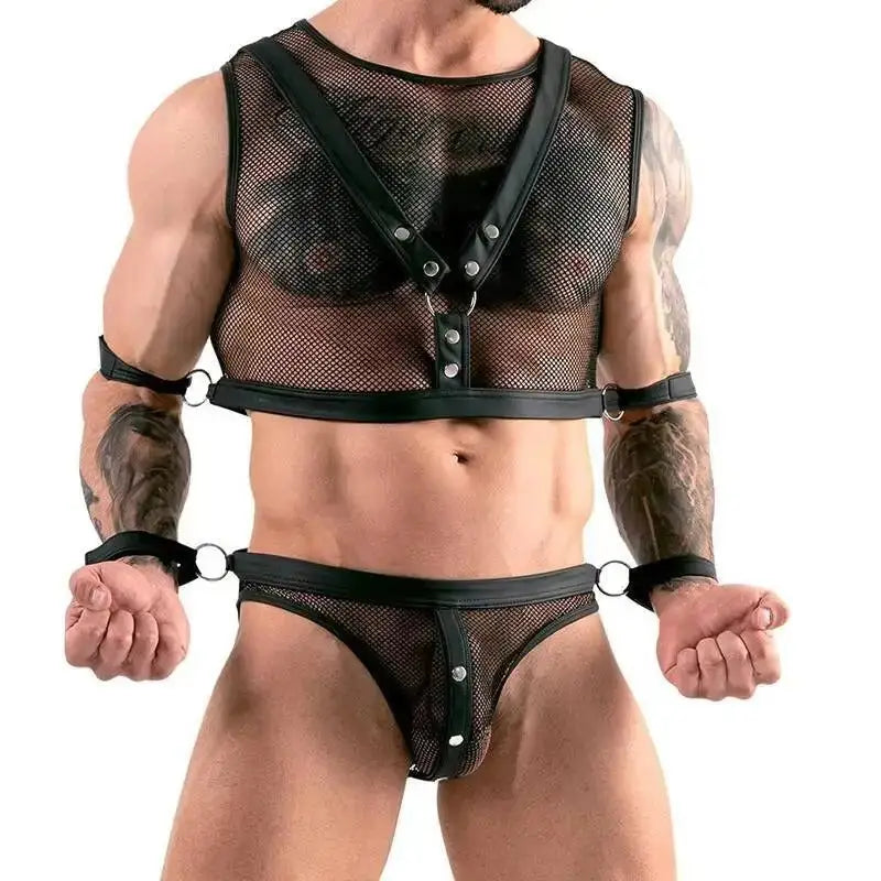 Mesh Harness Male Maid Outfit - Black / One Size - Outfit
