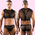 Man modeling a black sheer lingerie set from front and back views against a dark background