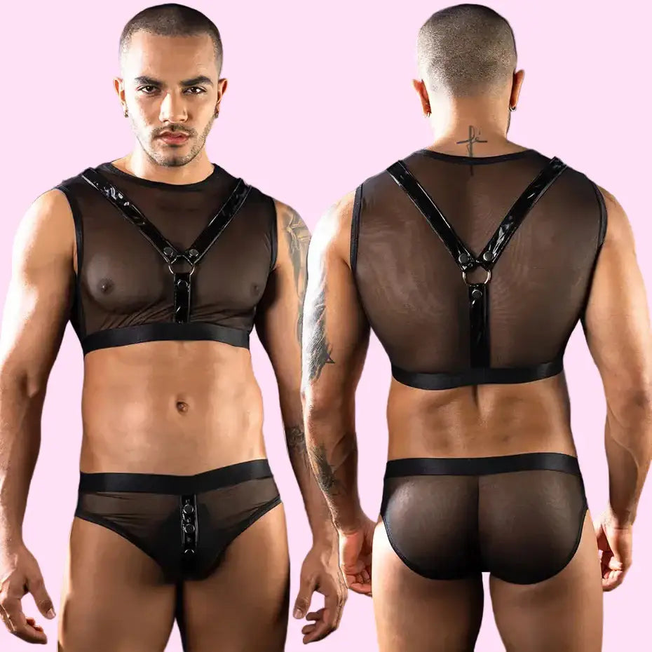 Man modeling a black sheer lingerie set from front and back views against a dark background
