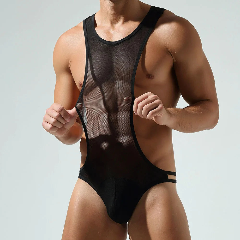 Jockmail Bodysuit Sexy Mens Underwear Man Fitness Swimming Shark Pants Mesh Bodysuit Lingerie Seksowna Bielizna