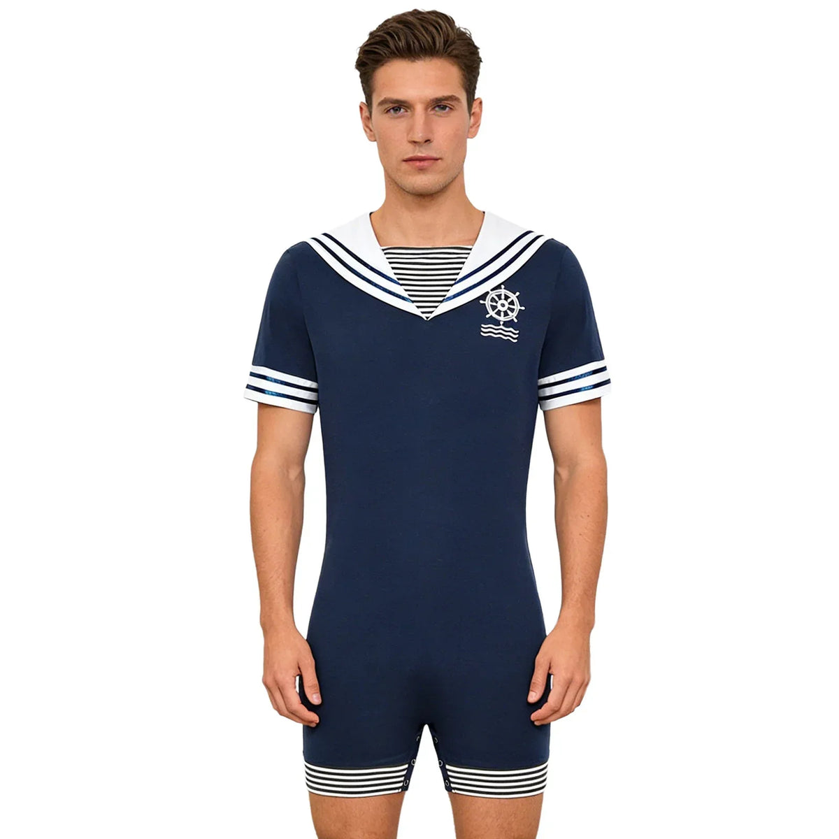 Men’s Sailor Style Pajama Bodysuit Navy Collar Short Sleeve Button Crotch One-Piece Loungewear for Sleep & Home