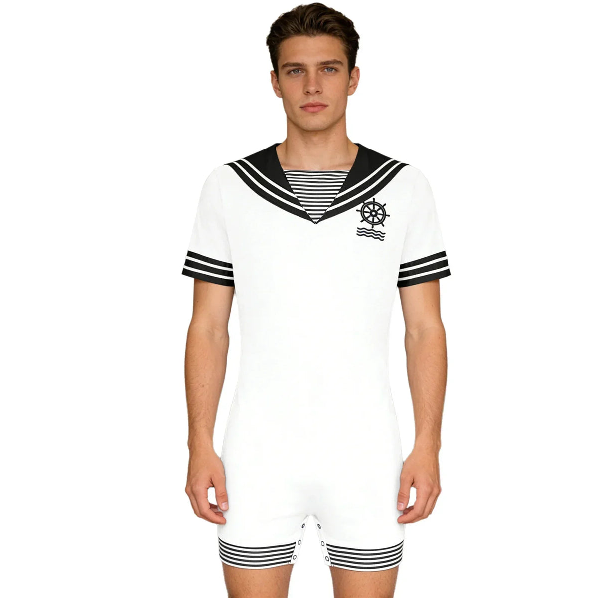 Men’s Sailor Style Pajama Bodysuit Navy Collar Short Sleeve Button Crotch One-Piece Loungewear for Sleep & Home