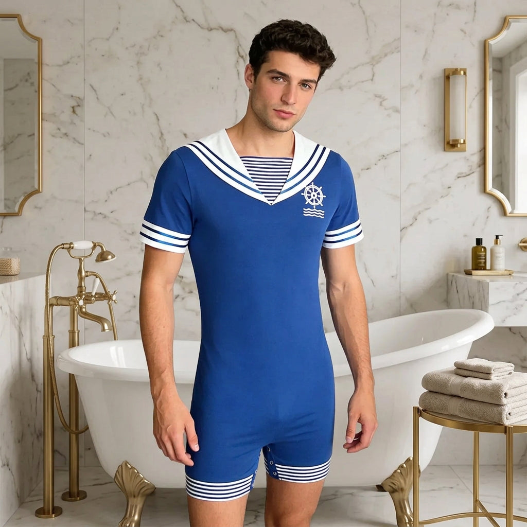Men’s Sailor Style Pajama Bodysuit Navy Collar Short Sleeve Button Crotch One-Piece Loungewear for Sleep & Home