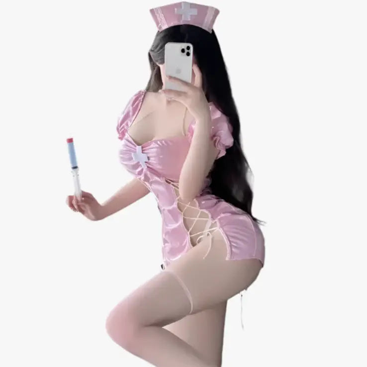 Pink Latex Sexy Nurse Outfit - Pink / One-Size - Outfit
