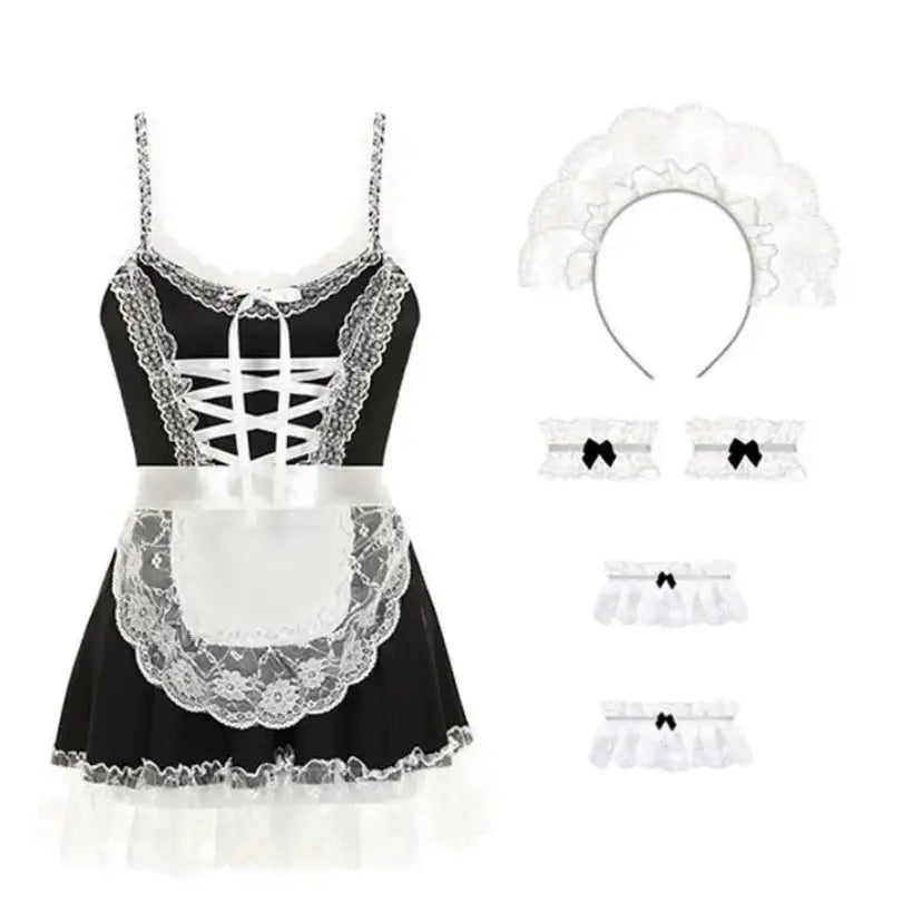 Black maid outfit for men with white apron, headband, and garters on a white background