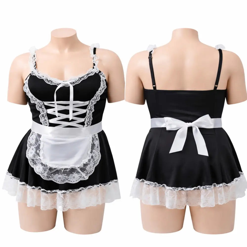 Black and white maid costume on mannequins with lace details