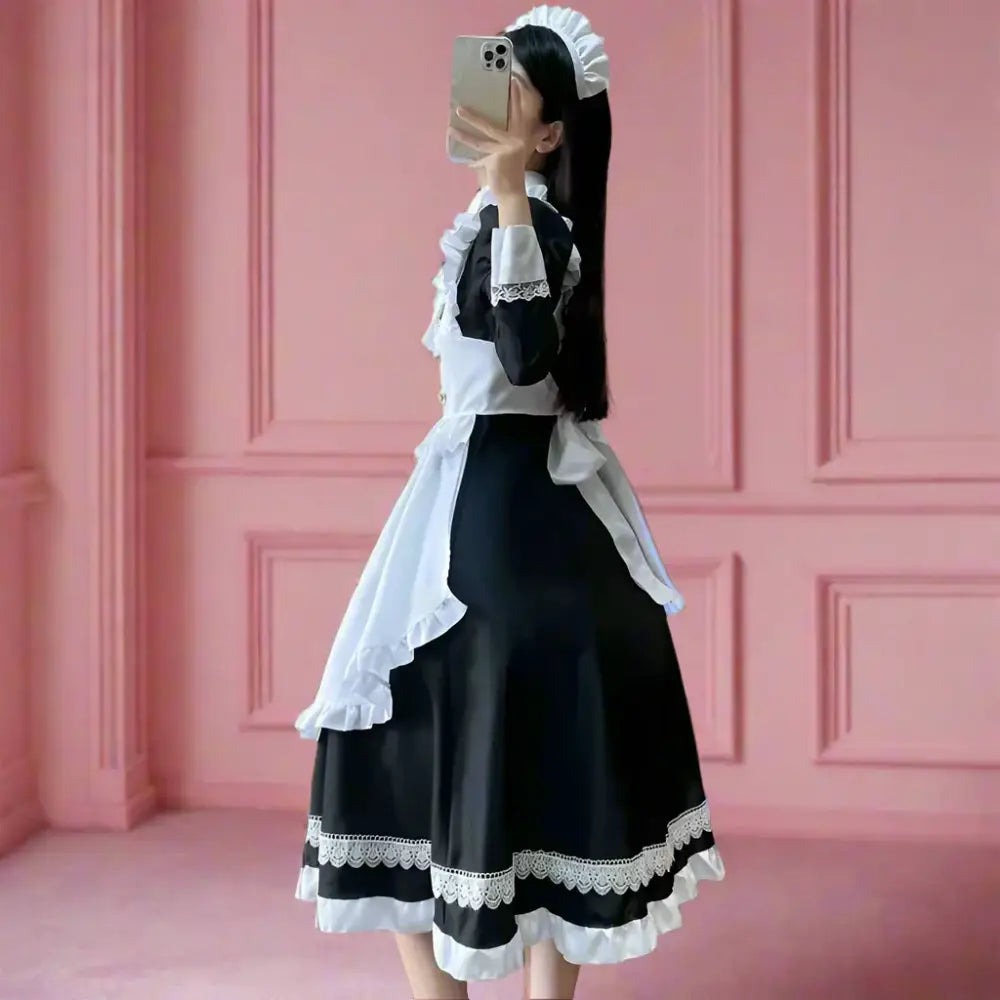 long sleeve french maid dress Front Ribbon Lantern Long-Sleeve Maid Dress + Ruffleed Big Ribbon Apro Belchic