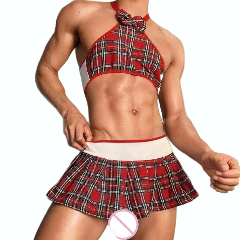 Person wearing a red plaid outfit with a visible brand logo.