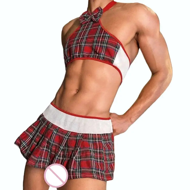 Person wearing a red plaid outfit in a bathroom setting