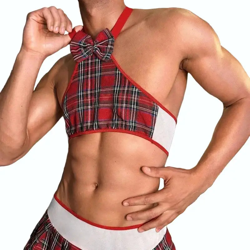 Person wearing a red plaid bikini with a kitchen background