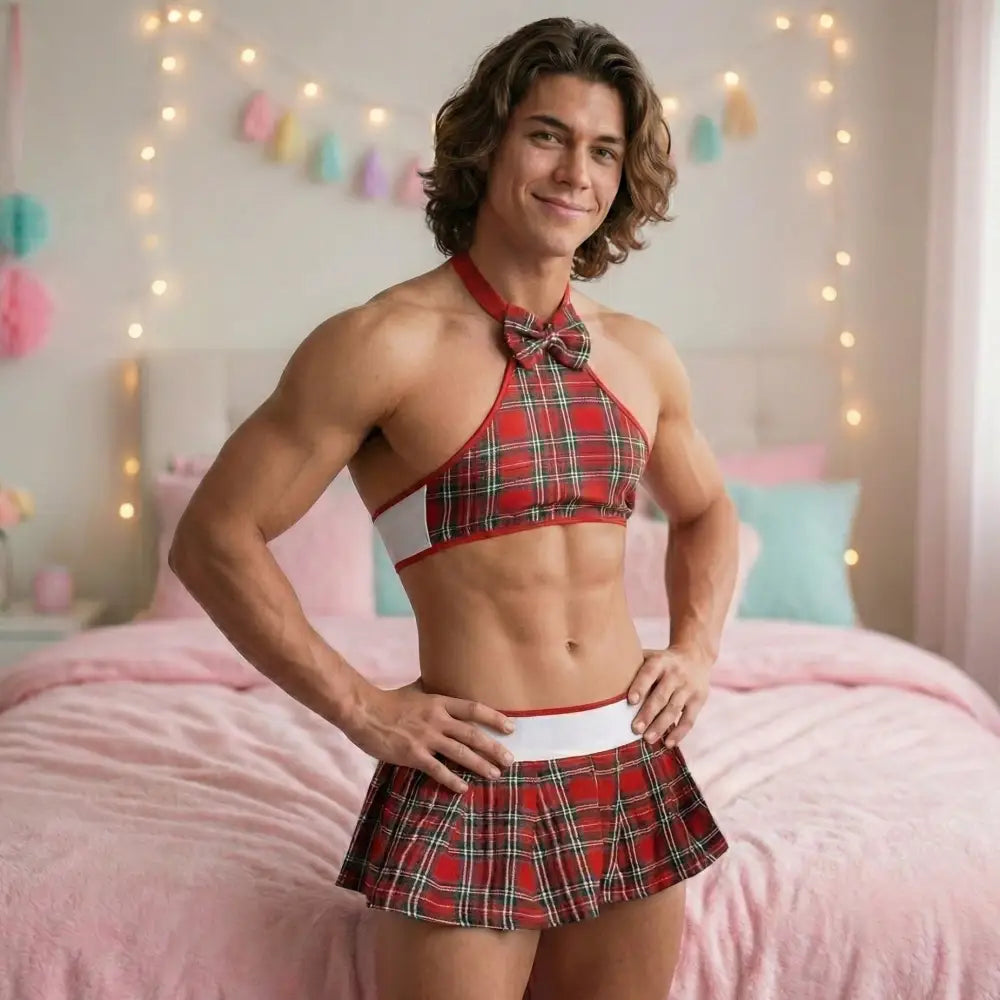 Person wearing a red plaid crop top and skirt in a bedroom setting with decorative lights and flowers.