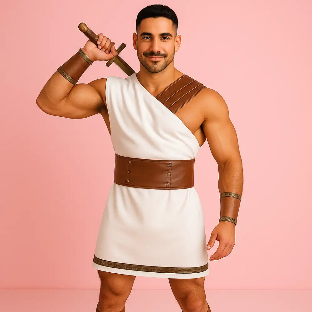 Man in Roman toga holding a sword against a pink background