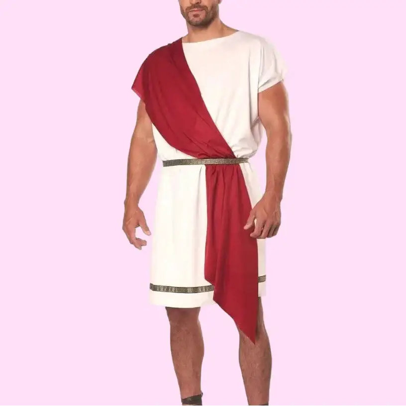Man wearing a Roman toga costume with a red cloth draped over his shoulder on a white background