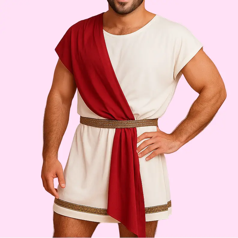 Person wearing a white tunic with a red drape on a pink background