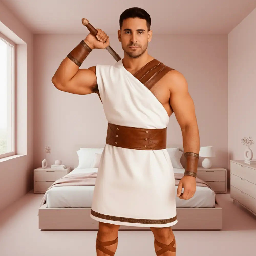 Man in Roman toga and armor standing in a bedroom