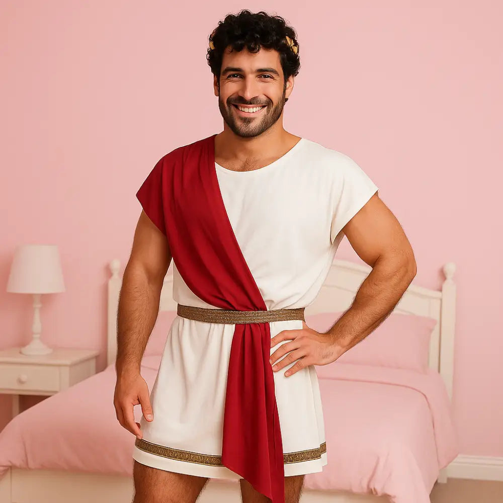 Man wearing a Roman toga with a red cloak in a bedroom setting