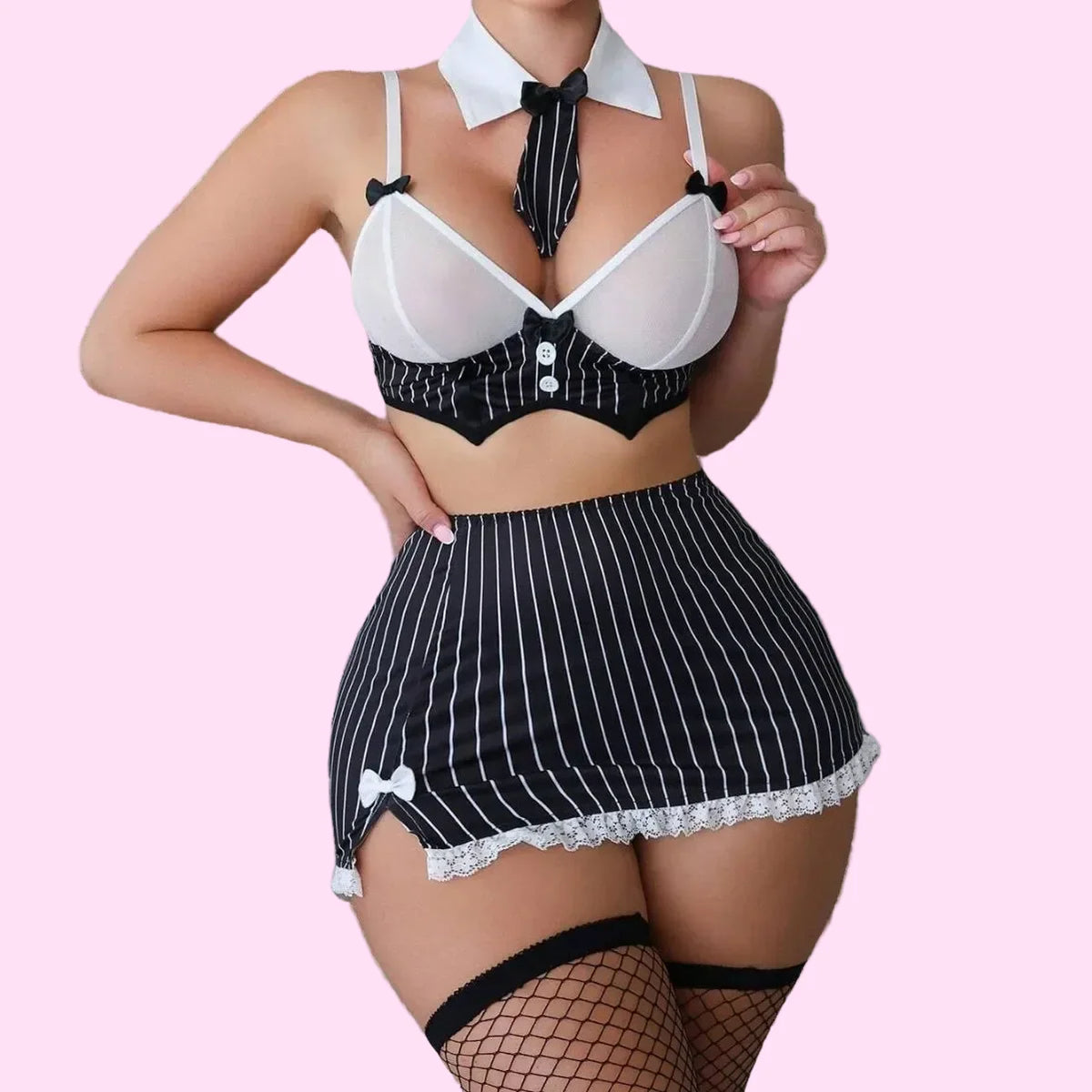 Sexy Maid Roleplay Costume White Chiffon Woven Mini Sheer Honeymoon Gift for Women