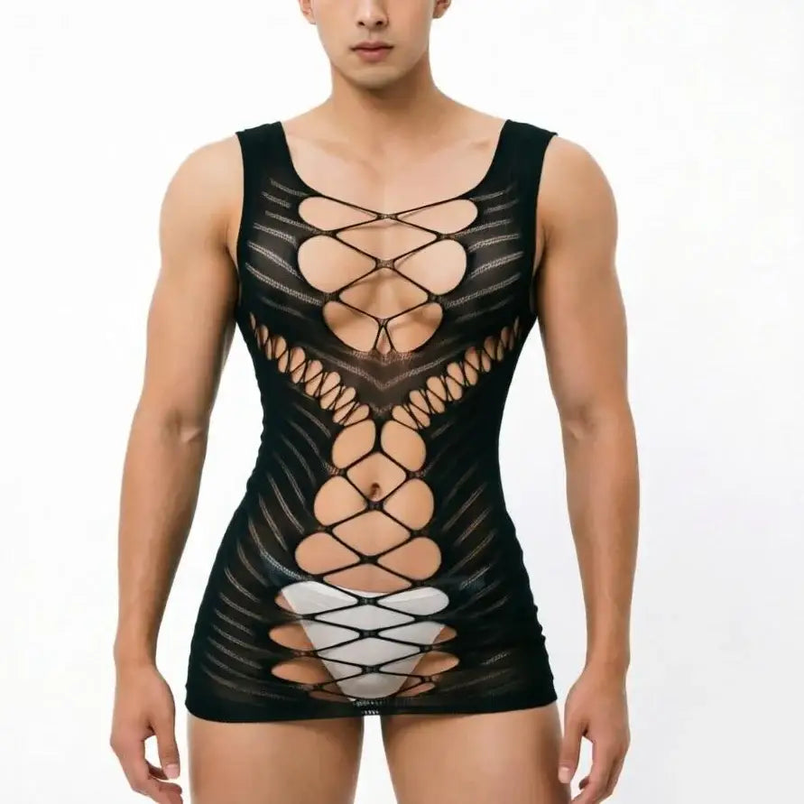 Sissy Night Dress for Fetish Male Underwear Sexy Bodysuits Men’s Lingerie Hollow Out Fishnet Sleepwear Ropa Interior